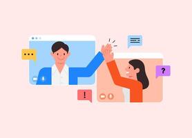 Virtual online meeting. Worker do video call. Friendly team. Man, woman give each other high five. Employees are satisfied with the work done. Team success. Vector Illustration