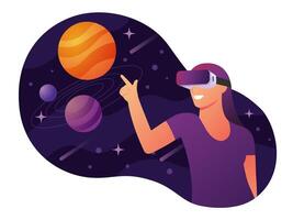 Virtual reality concept. Woman wearing digital glasses travel in metaverse or space. Modern technologies and digital world. Innovation. gadgets and devices. Cartoon flat vector illustration