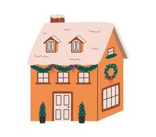 Hand drawn cute illustration of cozy house with spruce wreath and Christmas decorations. Flat vector building with adorned facade in colored doodle style. New Year, Xmas print. Isolated on background