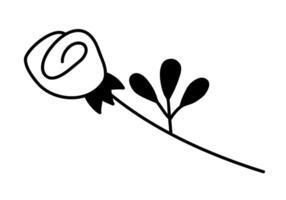 Hand drawn cartoon illustration of outline rose bud with leafs. Plant, nature. Cute doodle simple floral valentines day line art. Flat vector love, romantic, sticker, line icon or print. Isolated.