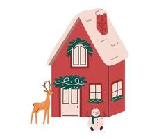 Hand drawn cute illustration of cozy house with spruce wreath and Christmas decorations. Flat vector building with adorned facade in colored doodle style. New Year, Xmas print. Isolated on background