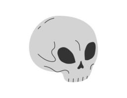 Hand drawn cute cartoon illustration of magic skull. Flat vector Halloween spooky character sticker in simple colored doodle style. Evil head icon or print. Isolated on white background.