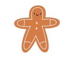 Hand drawn cute cartoon illustration of gingerbread cookie man. Flat vector Christmas ginger snap sticker in colored doodle style. New Year, Xmas character icon or print. Isolated on background.