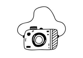 Hand drawn minimal cartoon illustration of outline camera. Cute doodle simple line art. Flat vector photography device sticker, icon or print. Isolated on white background.