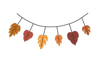 Hand drawn cute floral illustration of leaves garland. Flat vector botanical elements festoon in simple colored doodle style. Forest, nature, autumn template, decor or print. Isolated.