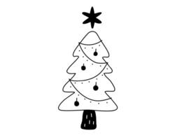 Hand drawn outline illustration of decorated Christmas tree with garland and balls. Cute doodle simple holiday line art. Flat vector New Year, festive, decoration sticker, icon or print. Isolated.