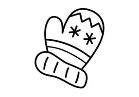 Hand drawn minimal outline illustration of knitted mitten, glove with ornament and snowflakes. Cute doodle simple warm winter clothes line art. Flat vector accessory sticker, icon or print. Isolated.