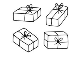 Set of hand drawn outline illustration of gift boxes with bow. Christmas birthday holiday present. Flat vector sticker or icon in simple doodle style. Isolated on white background.