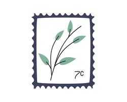 Hand drawn cute cartoon illustration postage stamp with twig or branch. Flat vector mail sticker in simple colored doodle style. Post, correspondence, icon or print. Isolated on white background.