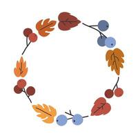 Hand drawn cute floral illustration of leaves and berries wreath. Flat vector botanical elements composition in simple colored doodle style. Forest, nature, autumn template, card or print. Isolated.