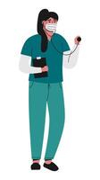 Cartoon illustration therapist woman with face mask and stethoscope. Protection and prevention. Doctors consultation. Health care, auscultation, medicine concept. Flat vector cute character. Isolated.