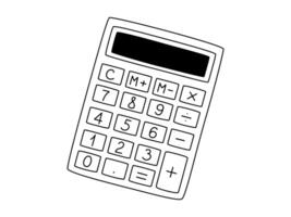 Hand drawn cute outline illustration of school calculator. Flat vector college computing device in line art doodle style. Education or study sticker, icon. Back to school. Isolated on white background
