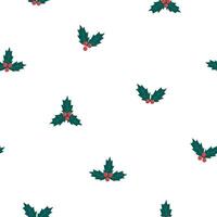 Hand drawn cute winter seamless pattern with holly. Flat vector Christmas and New Year print design in doodle style. Repeated background, wrapping or wallpaper.