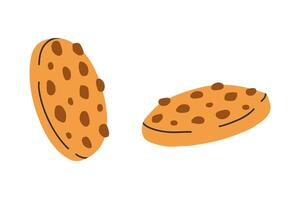 Hand drawn cute illustration of two cookies. Flat vector shortbread with chocolate chips in simple colored doodle style. Sweet bakery sticker, icon or print. Isolated on white background.