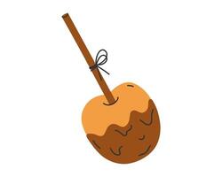 Hand drawn cute illustration of autumn caramel toffee apple. Flat vector sweet treat in simple colored doodle style. Season candy sticker, icon or print. Isolated on white background.