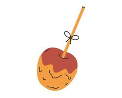 Hand drawn cute illustration of autumn caramel toffee apple. Flat vector sweet treat in simple colored doodle style. Season candy sticker, icon or print. Isolated on white background.