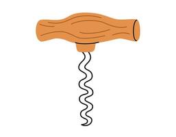 Hand drawn cute cartoon illustration wooden corkscrew. Flat vector  wine bottle opener sticker in simple colored doodle style. Holiday celebration party icon or print. Isolated