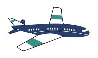 Hand drawn cute cartoon illustration of passenger airplane. Flat vector travel sticker in simple colored doodle style. Migration, tourism, flight icon or print. Isolated on white background.