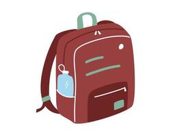 Hand drawn cute cartoon illustration of backpack, rucksack. Flat vector luggage sticker in simple colored doodle style. Migration, tourism baggage icon or print. Isolated on white background.