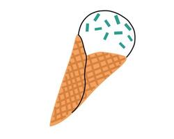 Hand drawn cute summer cartoon illustration of ice cream in waffle cone. Flat vector vanilla gelato sticker in simple colored doodle style. Sweet food icon or print. Isolated on white background.