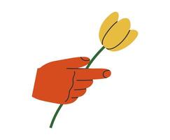 Hand drawn cute cartoon illustration of hand with tulip. Flat vector arm holds the spring flower sticker in colored doodle style. Blooming plant, botany icon or print. Isolated on background.