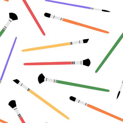 Hand drawn cute seamless pattern with school paint brush. Flat vector stationery drawing tools print in doodle style. Back to school. Repeated education or study background, wrapping or wallpaper.