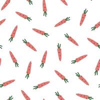 Hand drawn cute spring seamless pattern of carrot with haulm. Flat vector Easter, farm, harvest abstract design print design in doodle style. Repeated background, wrapping or wallpaper.