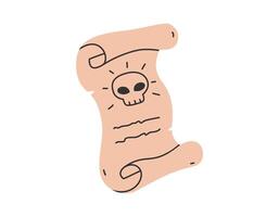 Hand drawn cute cartoon illustration of open magic scroll with spell. Flat vector occult manuscript sticker in simple colored doodle style. Old document icon or print. Isolated on white background.
