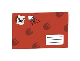 Hand drawn cute cartoon illustration letter or envelope with postage stamps. Flat vector mail sticker in simple colored doodle style. Post, correspondence, icon or print. Isolated on white background.