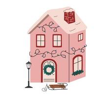 Hand drawn cute illustration of cozy house with spruce wreath and Christmas garlands. Flat vector building with adorned facade in colored doodle style. New Year, Xmas print. Isolated on background