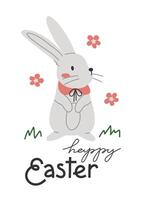 Hand drawn cute cartoon illustration of standing small rabbit. Flat vector spring animal, Easter greeting card design sticker in colored doodle style. Bunny, hare character postcard template. Isolated