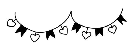 Hand drawn cartoon illustration of outline garland with hearts and flags. Cute doodle simple valentines day line art. Flat minimal vector love, party, festive postcard, icon or print. Isolated.