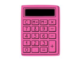 Hand drawn cute illustration of school calculator. Flat vector college computing device in colored doodle style. Education or study sticker, icon. Back to school. Isolated on white background.