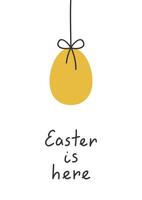 Hand drawn cute cartoon illustration of Easter egg on the thread. Flat vector spring  greeting card in colored doodle style. Hanging pysanka postcard template. Easter is here lettering. Isolated.