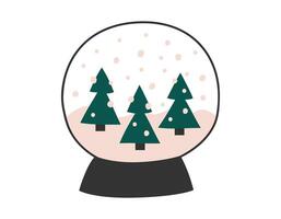 Hand drawn cute cartoon illustration of snow ball with three pines. Flat vector Christmas snowfall globe sticker in colored doodle style. New Year, Xmas icon or print. Isolated on background.