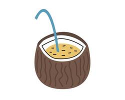 Hand drawn cute summer cartoon illustration of coconut cocktail with straw. Flat vector exotic drink sticker in simple colored doodle style. Fresh beverage icon or print. Isolated on white background.