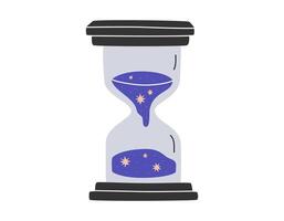 Hand drawn cute cartoon illustration of magic hourglass. Flat vector esoteric element sticker in simple colored doodle style. Sandglass with stars icon or print. Isolated on white background.