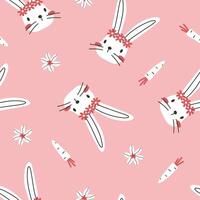 Hand drawn cute spring seamless pattern with narcissus, bunny face and carrot. Flat vector Easter abstract print design in colorful doodle style. Repeated kids  background, wrapping or wallpaper.