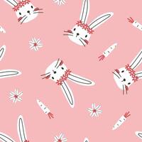 Hand drawn cute spring seamless pattern with narcissus, bunny face and carrot. Flat vector Easter abstract print design in colorful doodle style. Repeated kids  background, wrapping or wallpaper.