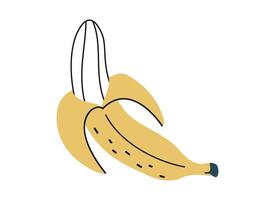 Hand drawn cute summer cartoon illustration of yellow banana in peel. Flat vector tropical fruit sticker in simple colored doodle style. Exotic food icon or print. Isolated on white background.