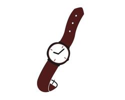 Hand drawn cute cartoon illustration of wristwatch. Flat vector watch sticker in simple colored doodle style. Modern timing device icon or print. Isolated on white background.