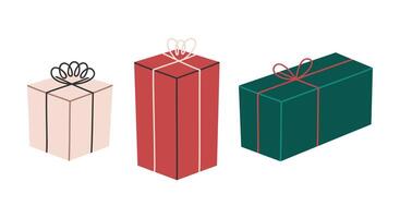 mano dibujado linda dibujos animados ilustración de regalo caja conjunto con arco. Navidad cumpleaños fiesta presente. plano vector pegatina o icono en sencillo de colores garabatear estilo. aislado en blanco antecedentes.