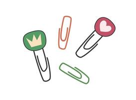 Hand drawn cute contemporary illustration of four paper clip. Flat vector stationery sticker or icon in simple colored doodle style. Study, write, school. Isolated on white background.