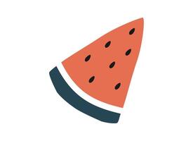 Hand drawn cute summer cartoon illustration of watermelon slice. Flat vector fresh fruit sticker in simple colored doodle style. Raw melon food icon or print. Isolated on white background.