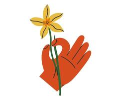 Hand drawn cute cartoon illustration of hand with narcissus. Flat vector arm holds the spring flower sticker in colored doodle style. Blooming daffodil, botany icon or print. Isolated on background.