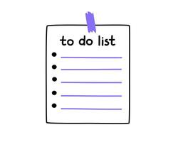 Hand drawn cute illustration of to do list. Flat vector checklist page for productivity in colored doodle style. Education or study sticker, icon. Back to school. Isolated on white background.