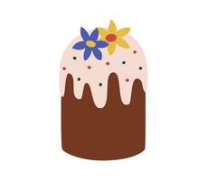 Hand drawn cute cartoon illustration of Easter cake decorated by flowers. Flat vector spring Easter bakery sticker in colored doodle style. Paska, kulich icon or print. Isolated on background.