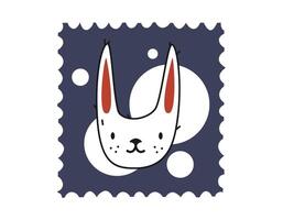 Hand drawn cute cartoon illustration postage stamp with rabbit. Flat vector mail sticker in simple colored doodle style. Post, correspondence, icon or print. Isolated on white background.