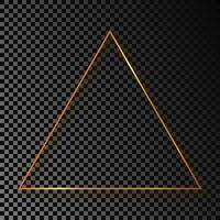 Gold glowing triangle frame with shadow isolated on dark background. Shiny frame with glowing effects. Vector illustration.