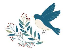 Bird and flowers with different ornaments. Bird in simple cartoon style. Flat vector illustration